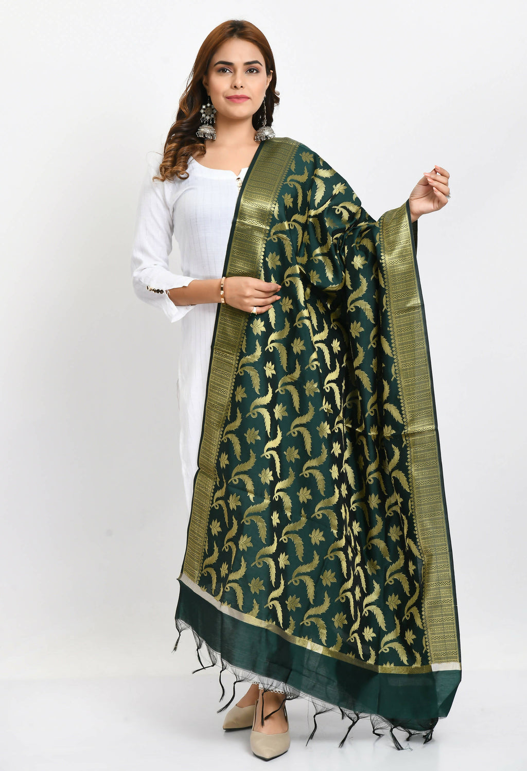 Bottle green Banarsi silk dupatta with gold floral woven designs for women