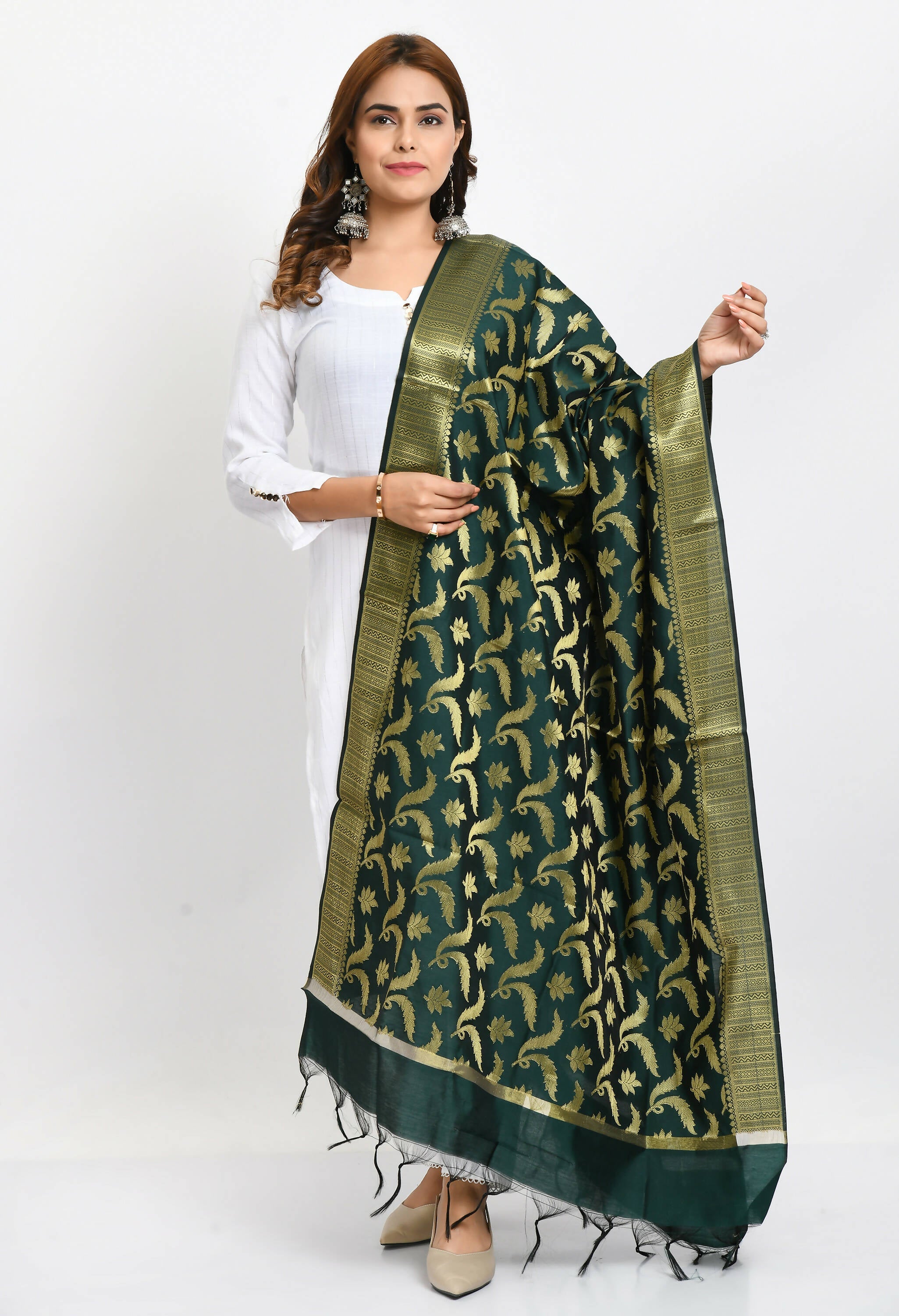 Bottle green Banarsi silk dupatta with gold floral woven designs for women