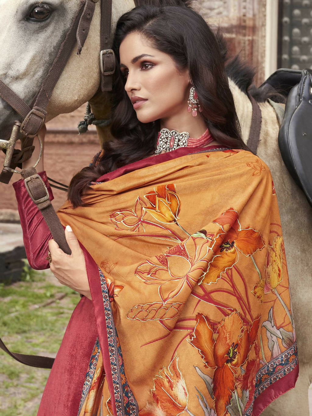 Women's Red Velvet Floral Digital Printed Straight Kurta Set