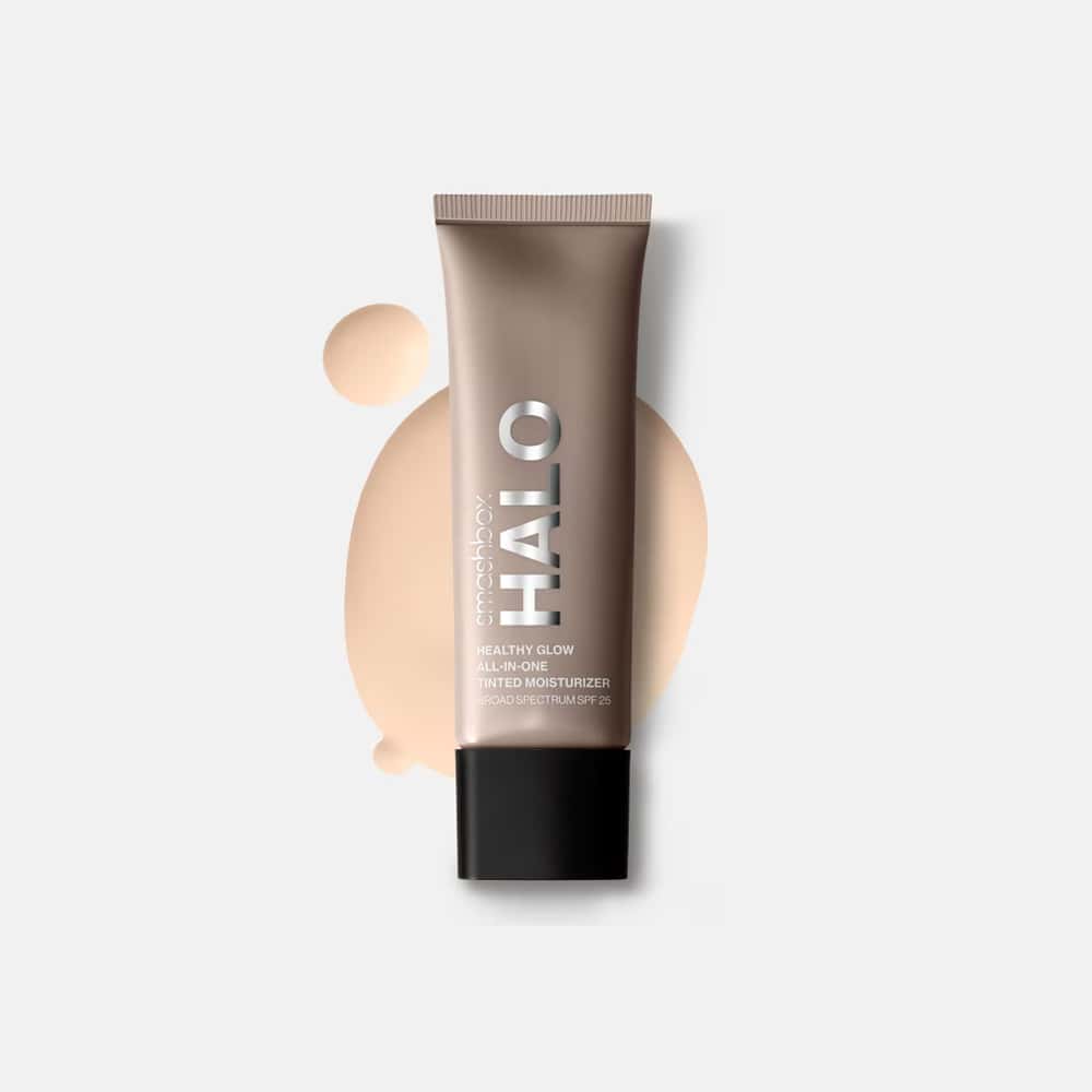 Smashbox Halo Healthy Glow All-In-One Tinted Moisturizer SPF 25 in a neutral beige tube.
