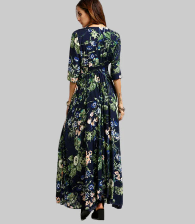 Women's Navy Floral Print Bohemian Maxi Dress with Button Front - Image 7