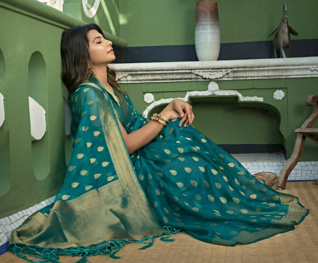 Turquoise Organza Silk Saree with Elegant Weaving Work