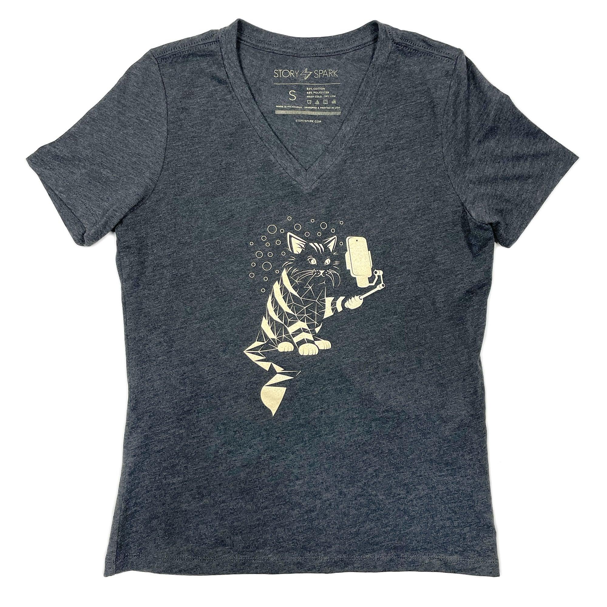 Women's Snap Cat V-Neck Graphic T-Shirt