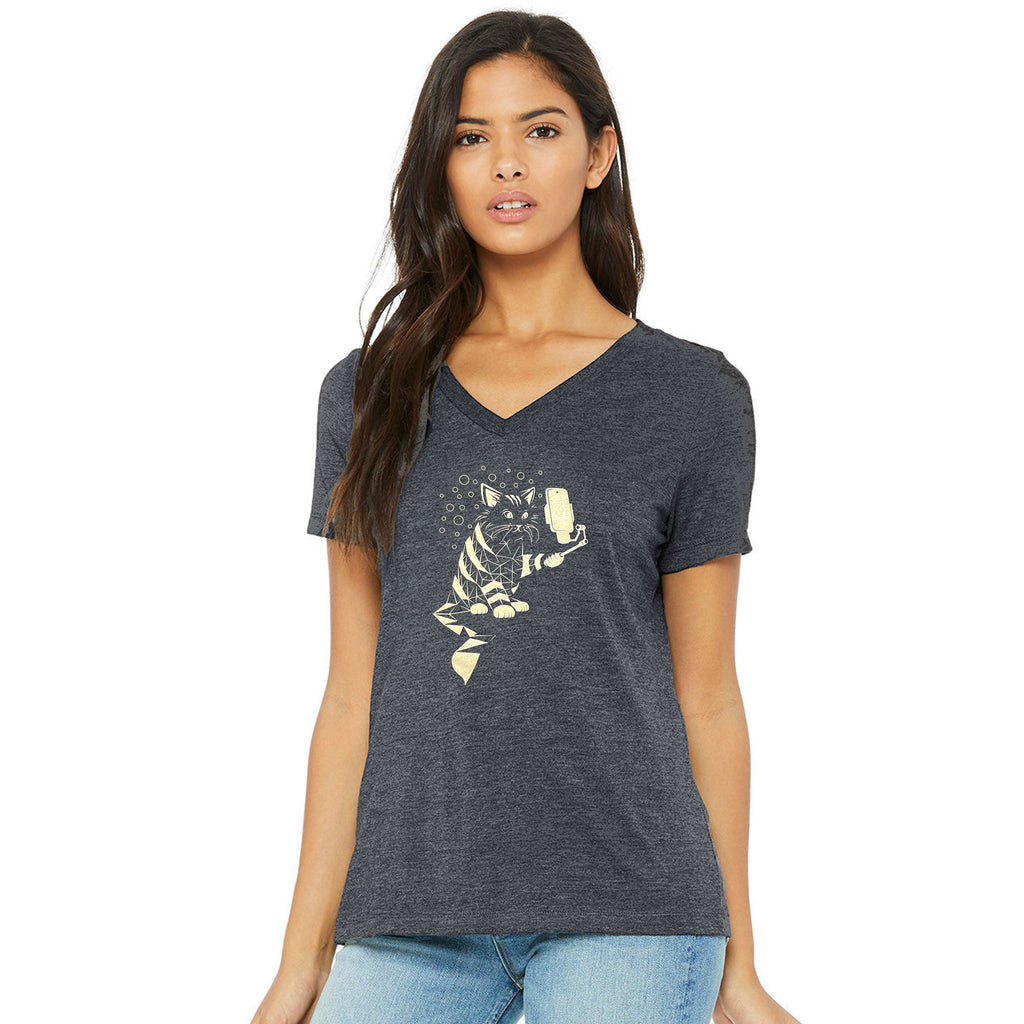 Women's Snap Cat V-Neck Graphic T-Shirt