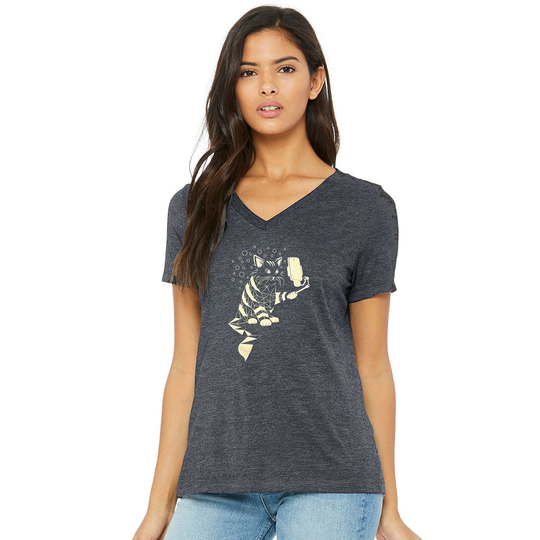 Women's Snap Cat V-Neck Graphic T-Shirt