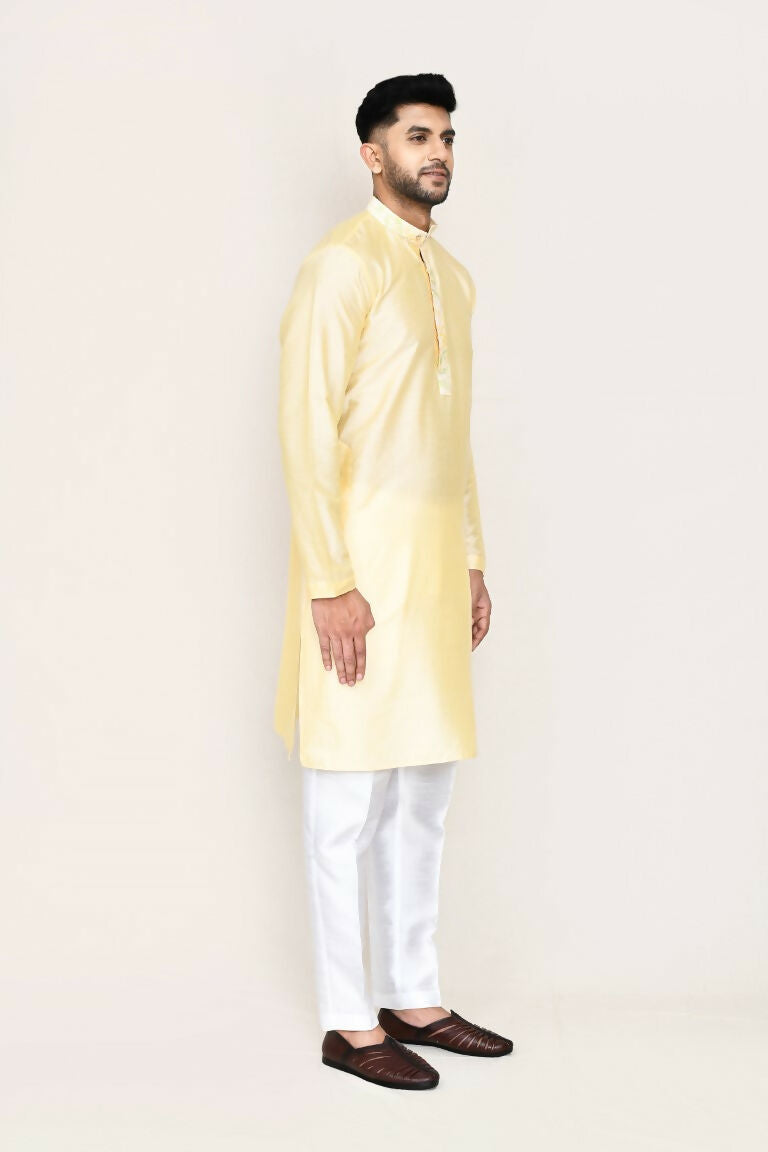 Cream Art Silk Kurta Set with Straight Fit Pant