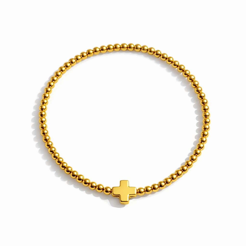 So Very Blessed Cross Gold Beaded Stretch Bracelet
