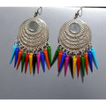 Long silver oxidized Chandbali earrings with multicolor drops