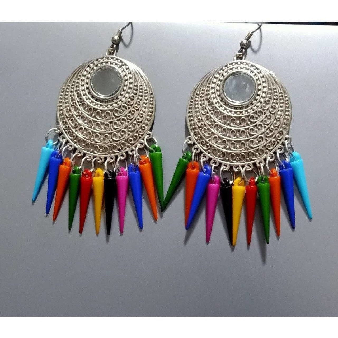 Long silver oxidized Chandbali earrings with multicolor drops
