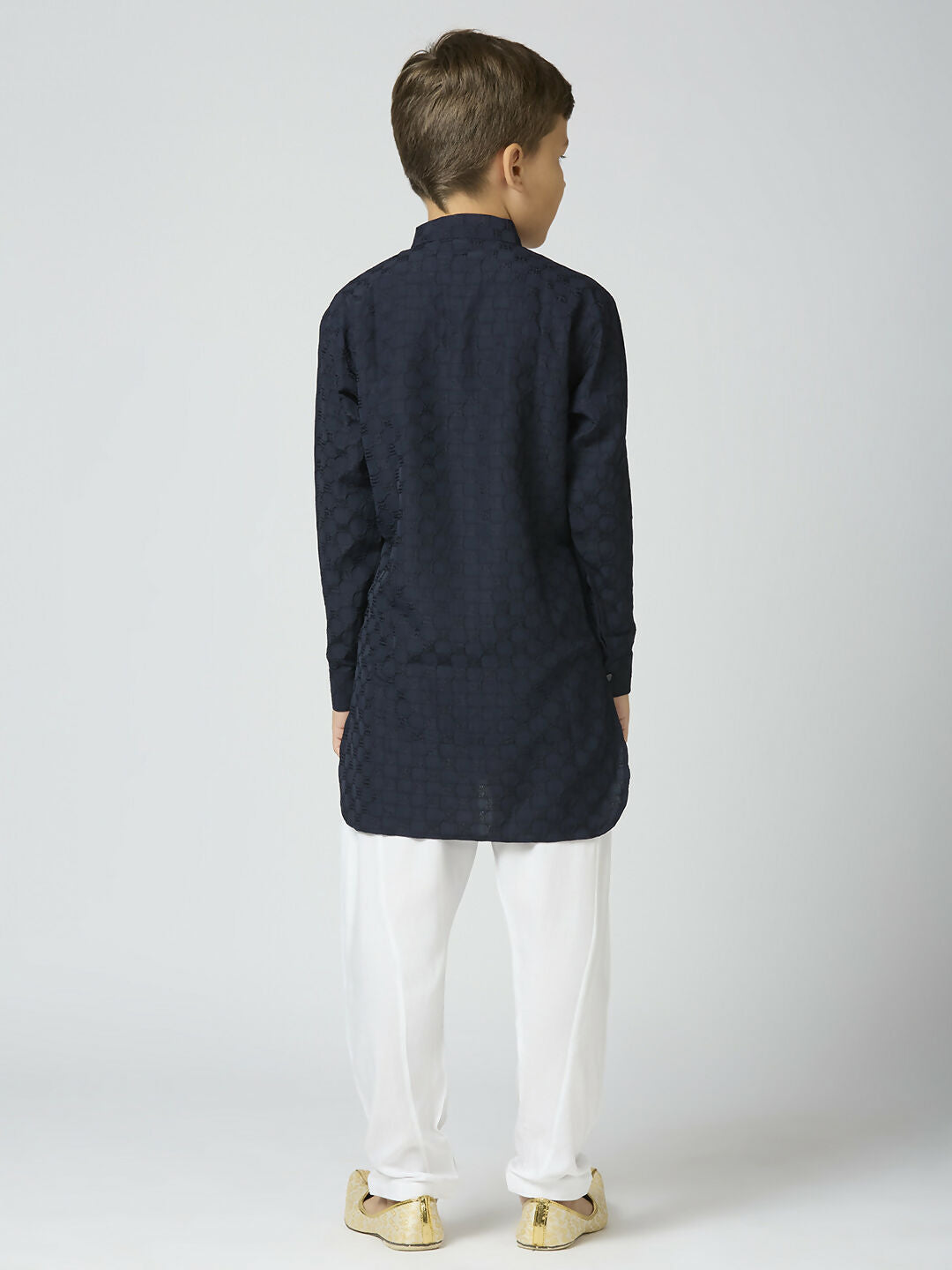 Boys Navy Blue Texture Cotton Kurta and Pyjama Festive Set