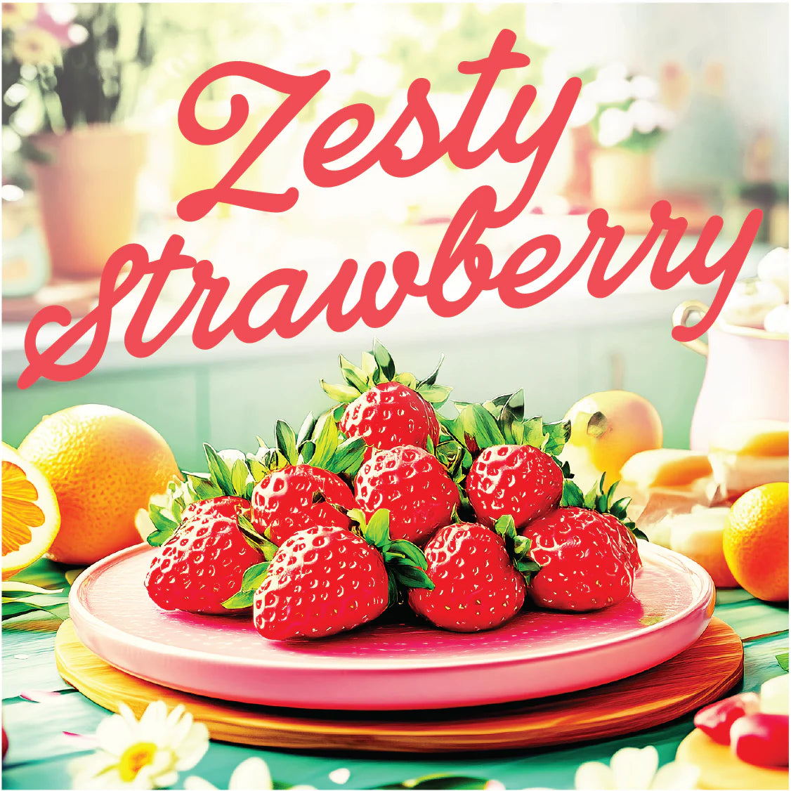 A pouch of Zesty Strawberry liquid squeeze soy wax with a black label featuring strawberry and orange icons.