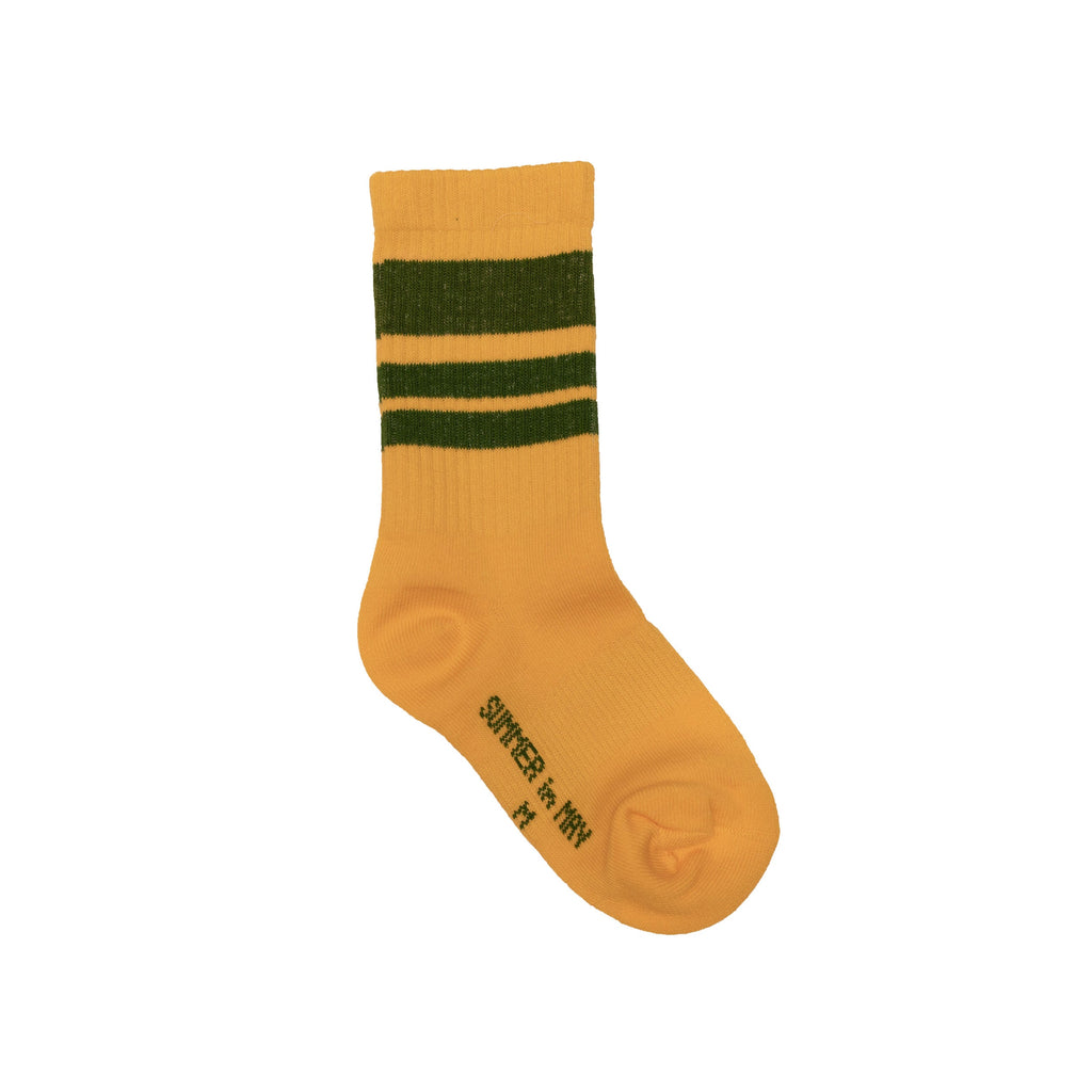 A pair of yellow retro crew socks featuring green stripes on the cuffs.