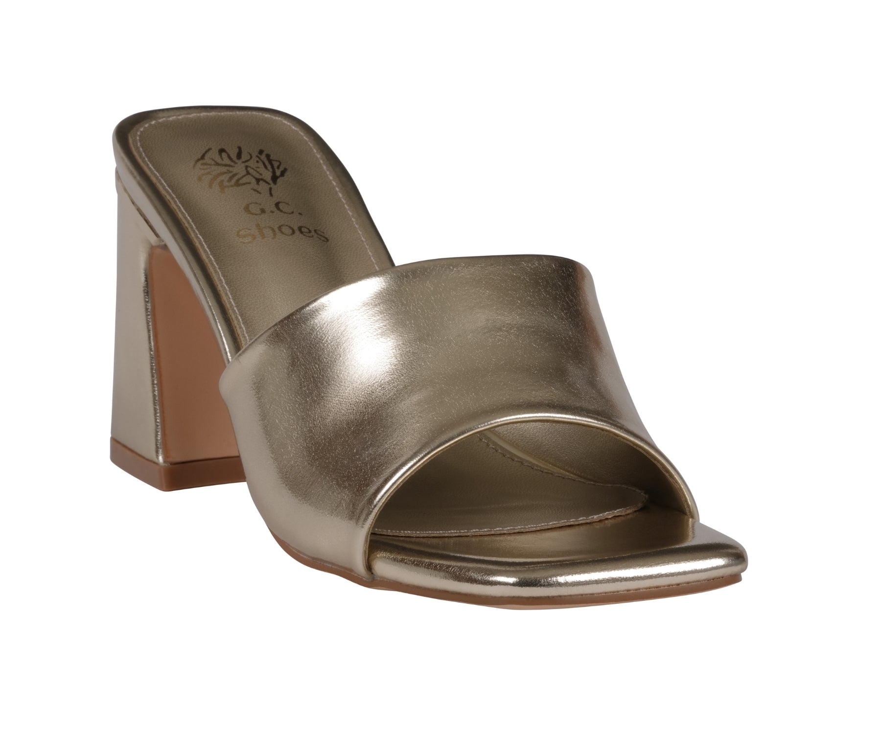A pair of Soho gold square toe heeled sandals in a versatile nude hue against a neutral background.