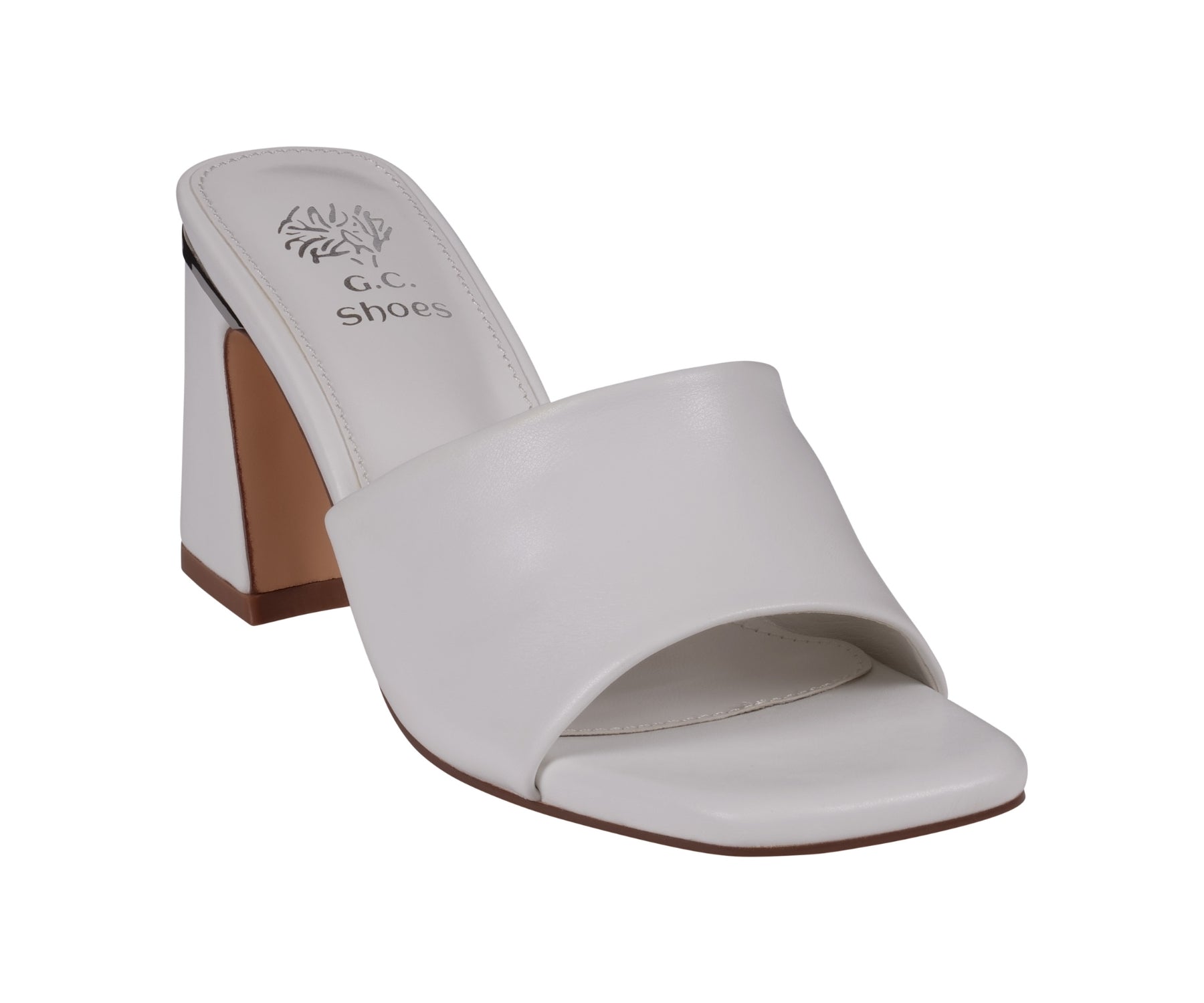 A pair of white G.C. Shoes block heel sandals with a square toe design shown against a white background.