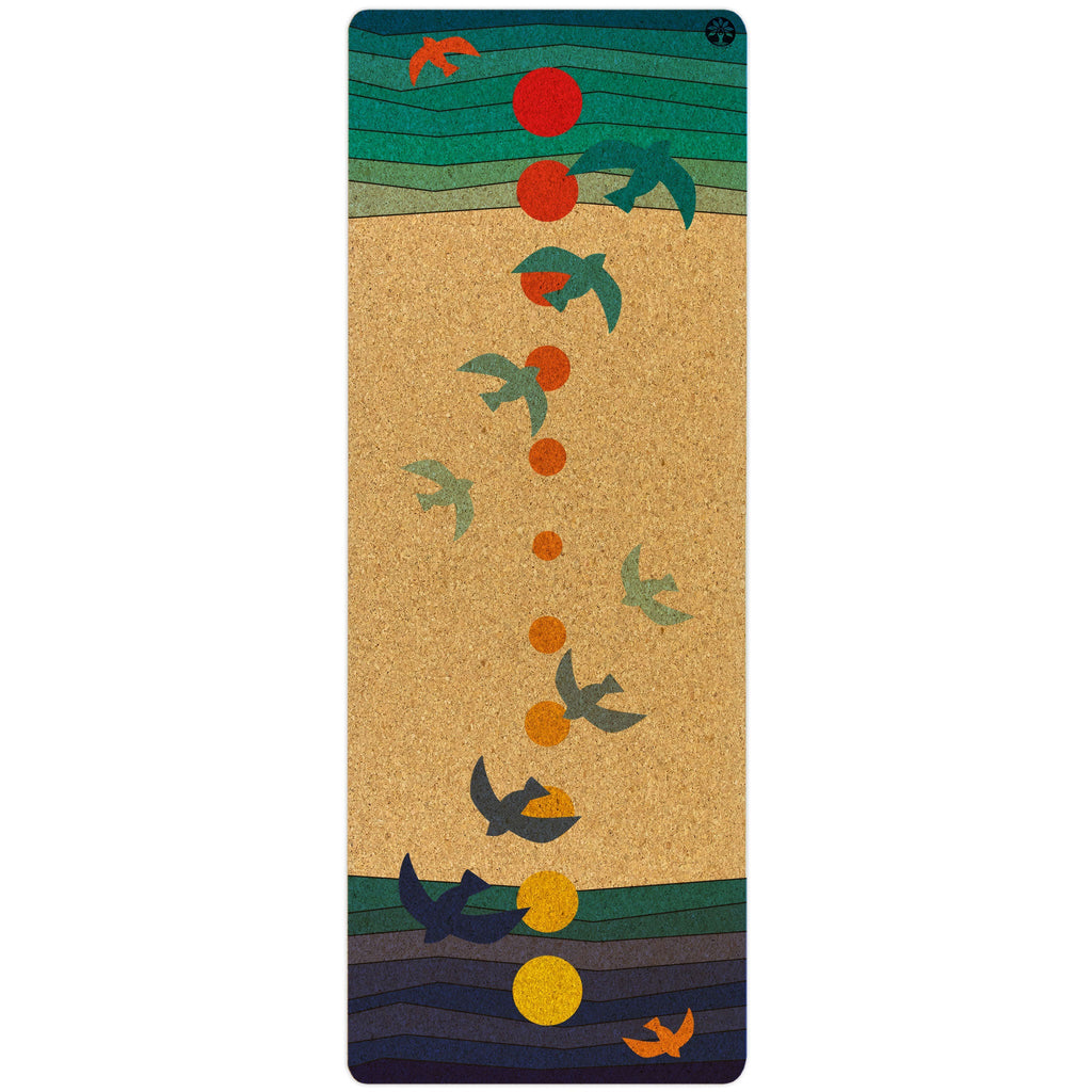 Original cork yoga mat with abstract pattern in brown, green, orange, and yellow