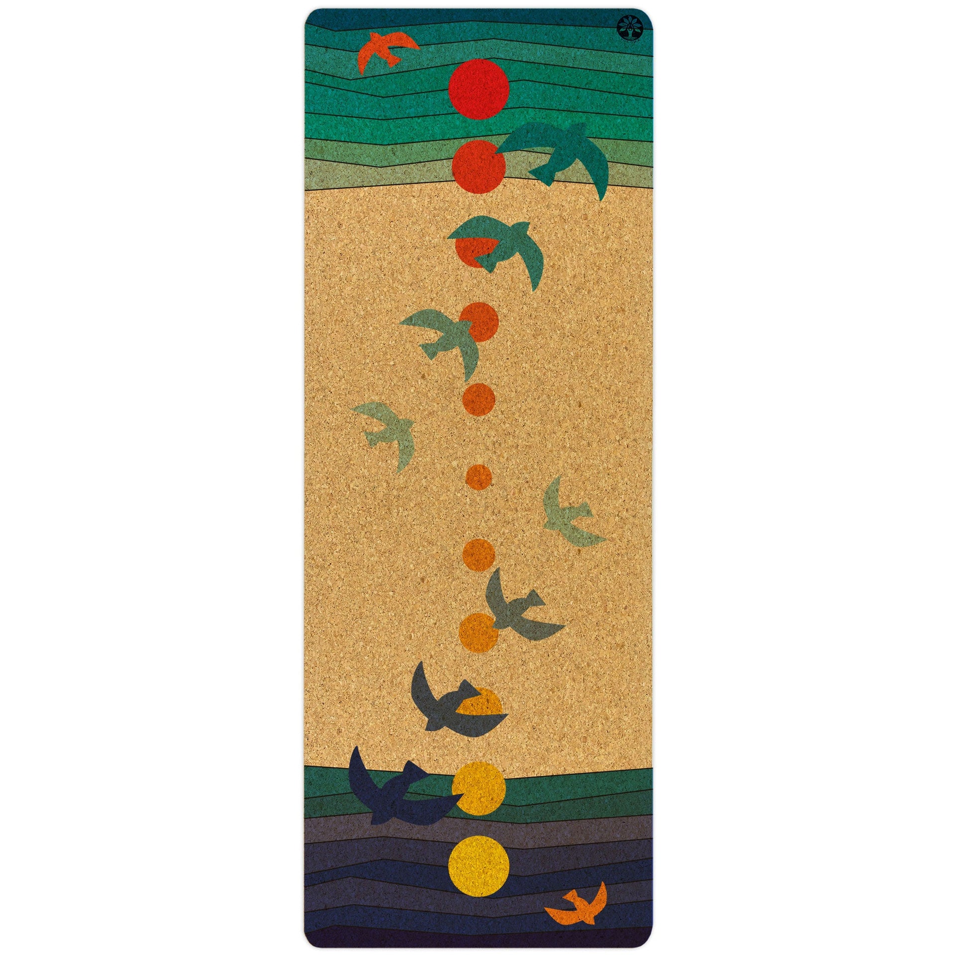 Original cork yoga mat with abstract pattern in brown, green, orange, and yellow