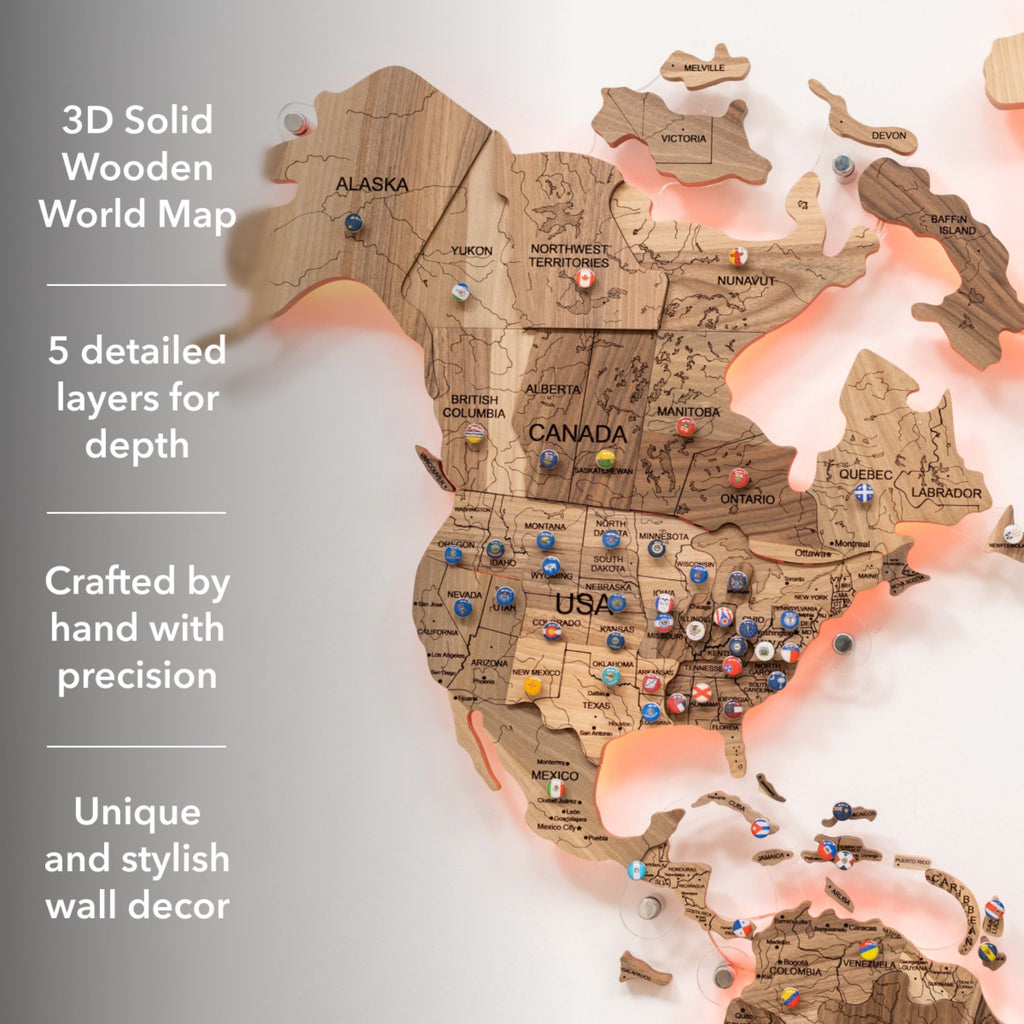 3D Solid Walnut Wooden World Map Modern Wall Art with LED Lighting