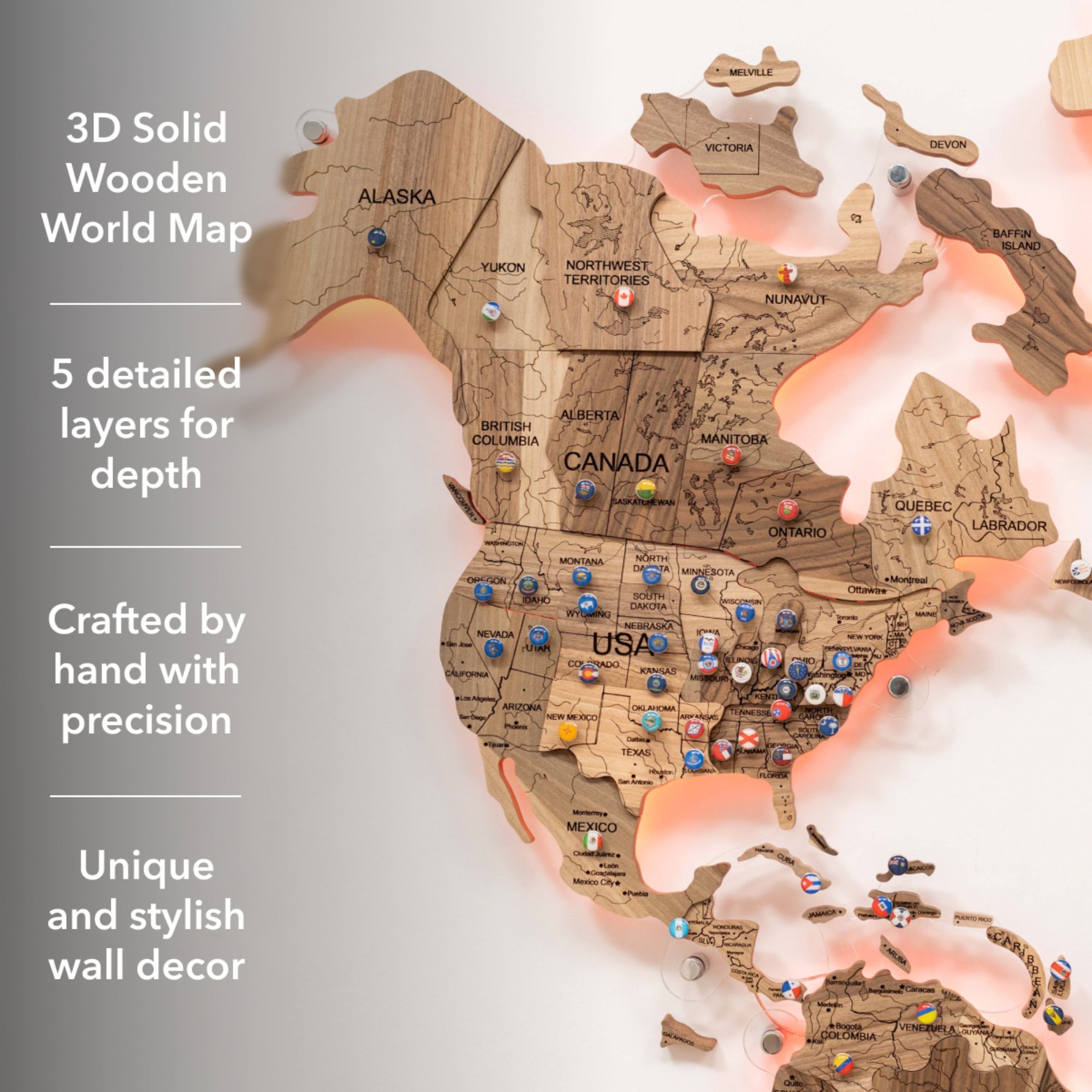 3D Solid Walnut Wooden World Map Modern Wall Art with LED Lighting