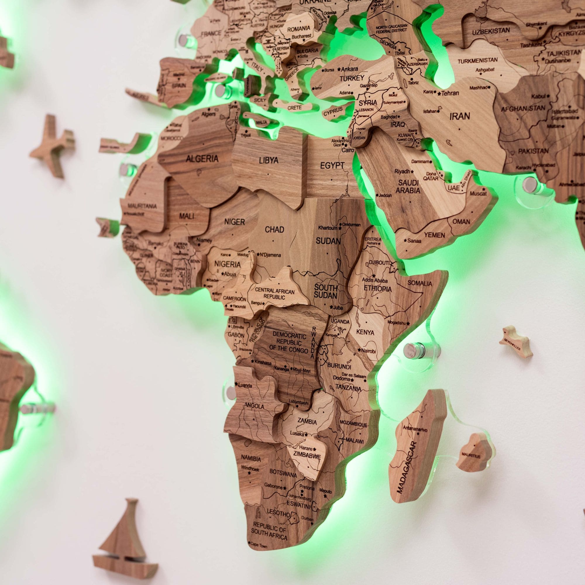 3D Solid Walnut Wooden World Map Modern Wall Art with LED Lighting