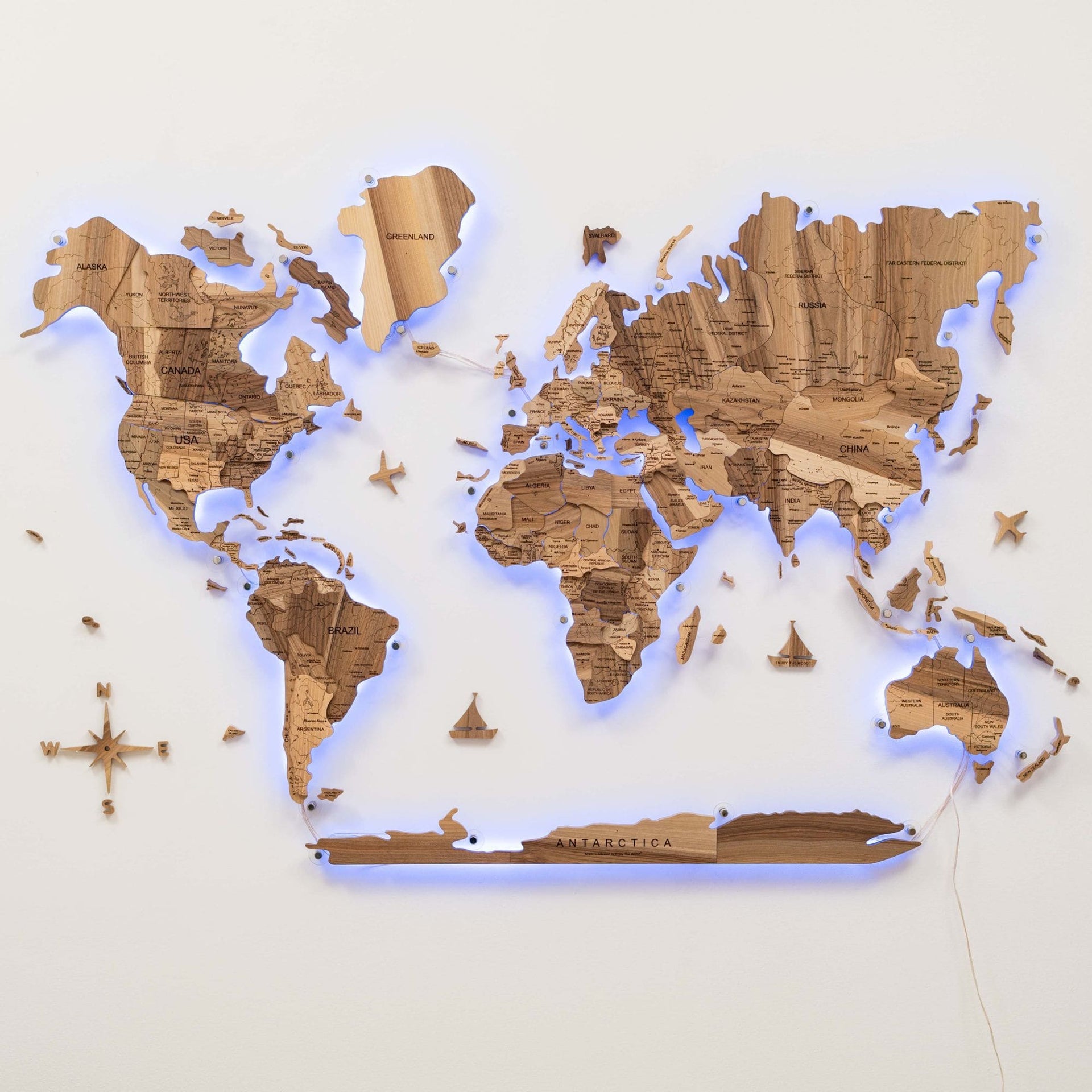 3D Solid Walnut Wooden World Map Modern Wall Art with LED Lighting