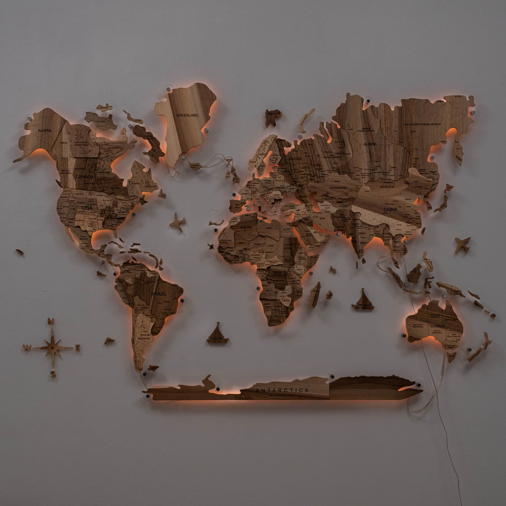 3D Solid Walnut Wooden World Map Modern Wall Art with LED Lighting