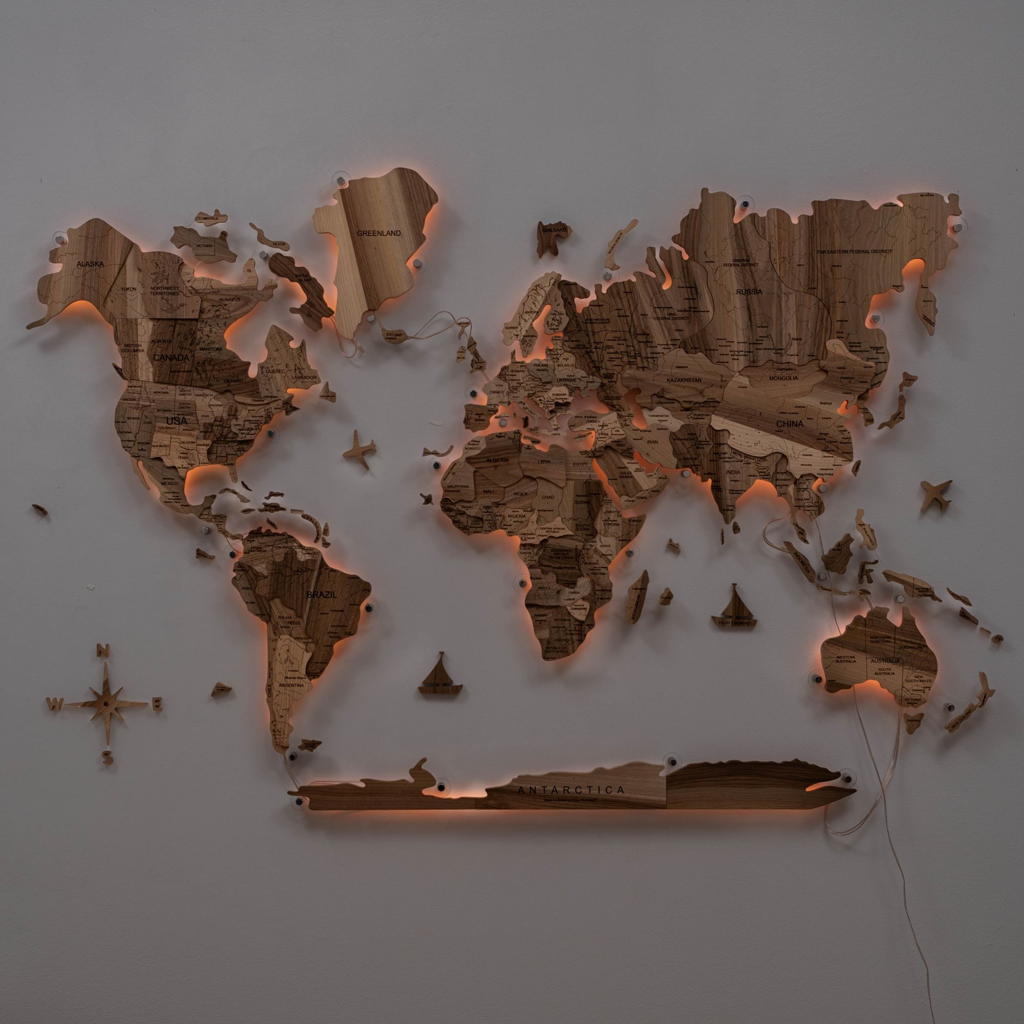 3D Solid Walnut Wooden World Map Modern Wall Art with LED Lighting