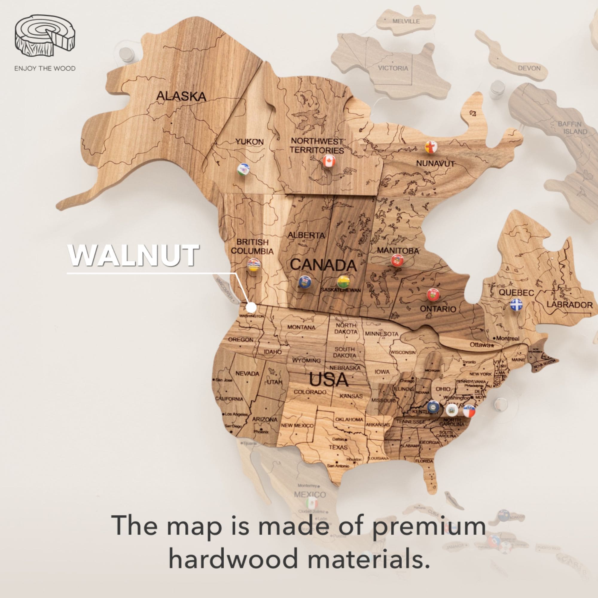 3D Solid Walnut Wooden World Map Modern Wall Art with LED Lighting