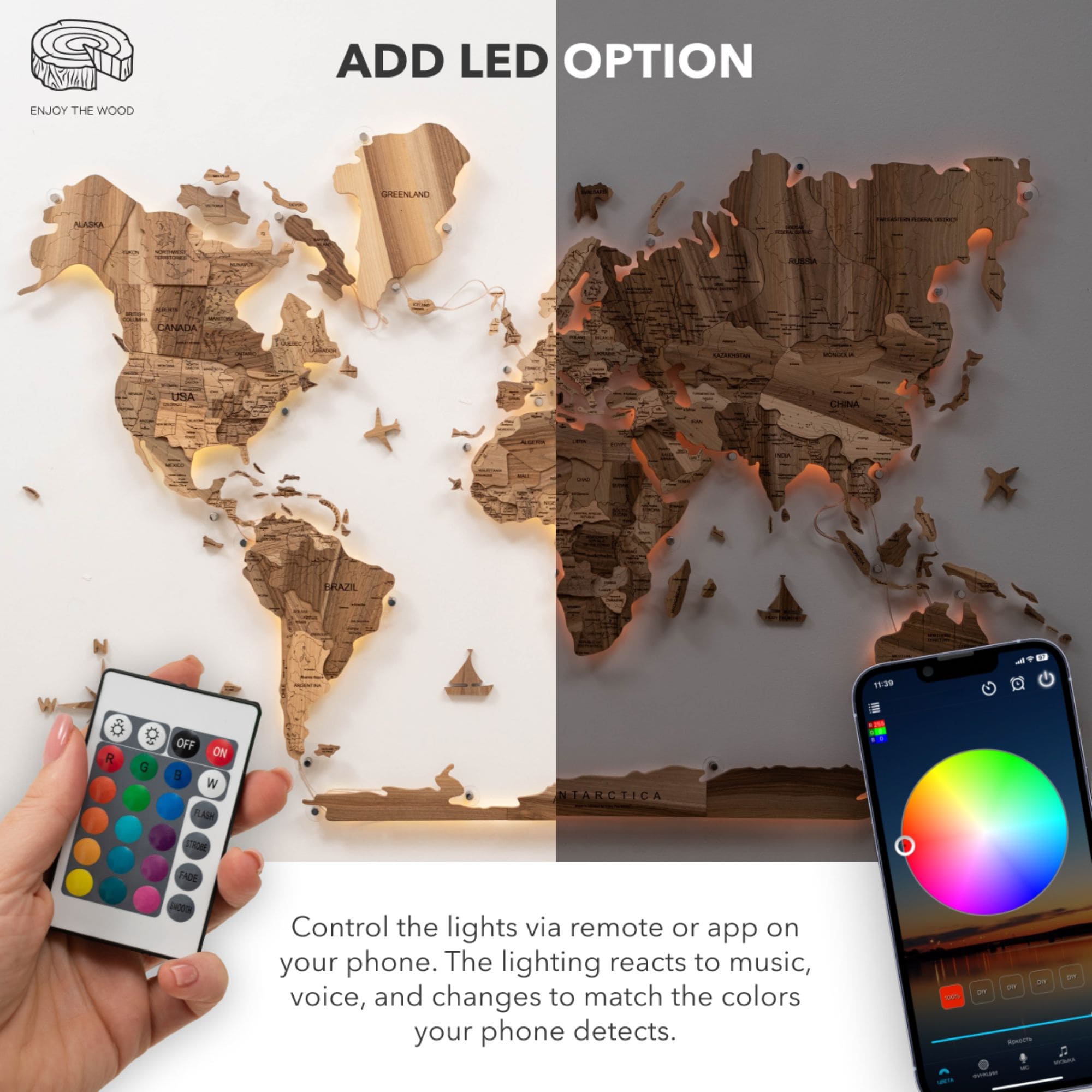 3D Solid Walnut Wooden World Map Modern Wall Art with LED Lighting
