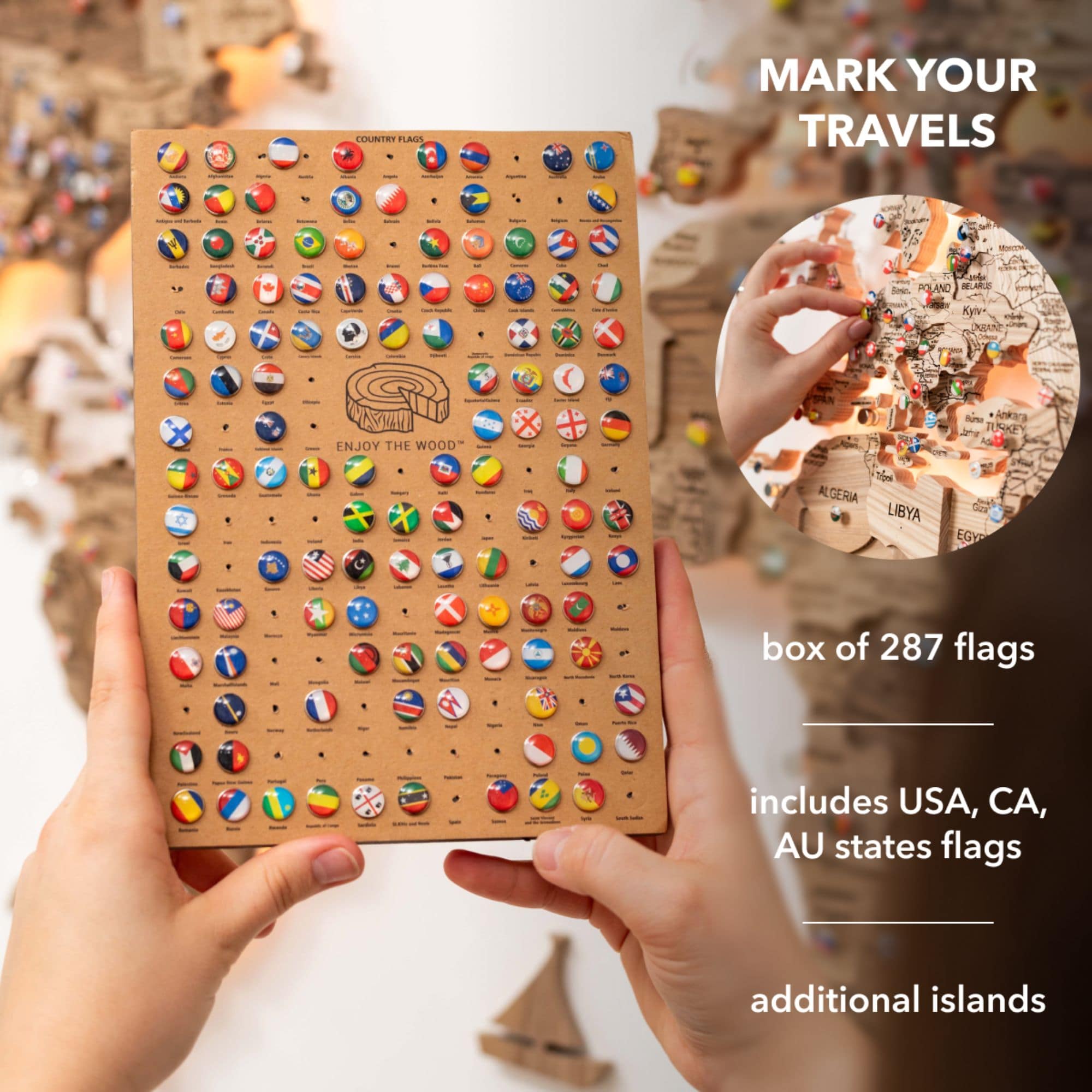 3D Solid Walnut Wooden World Map Modern Wall Art with LED Lighting