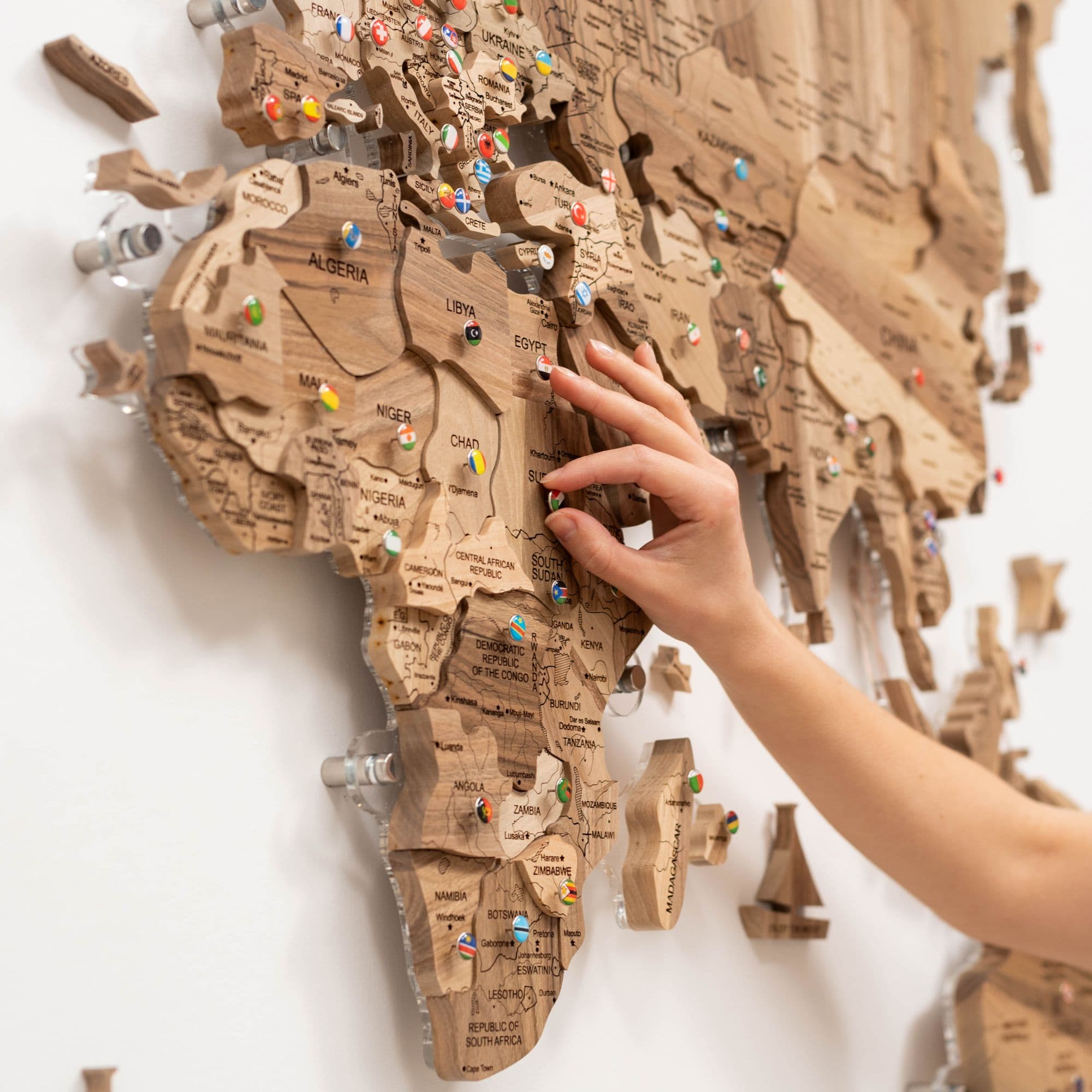 3D Solid Walnut Wooden World Map Modern Wall Art with LED Lighting
