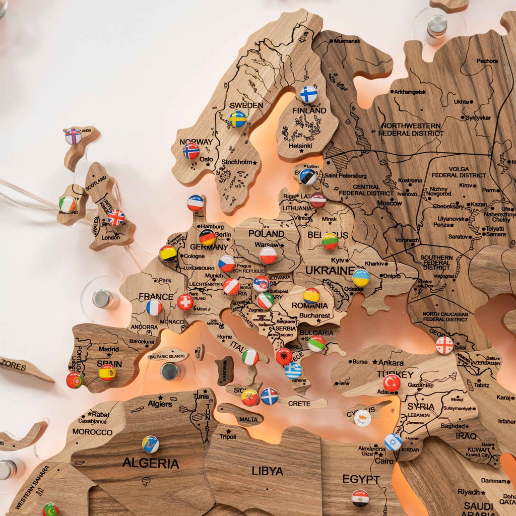 3D Solid Walnut Wooden World Map Modern Wall Art with LED Lighting