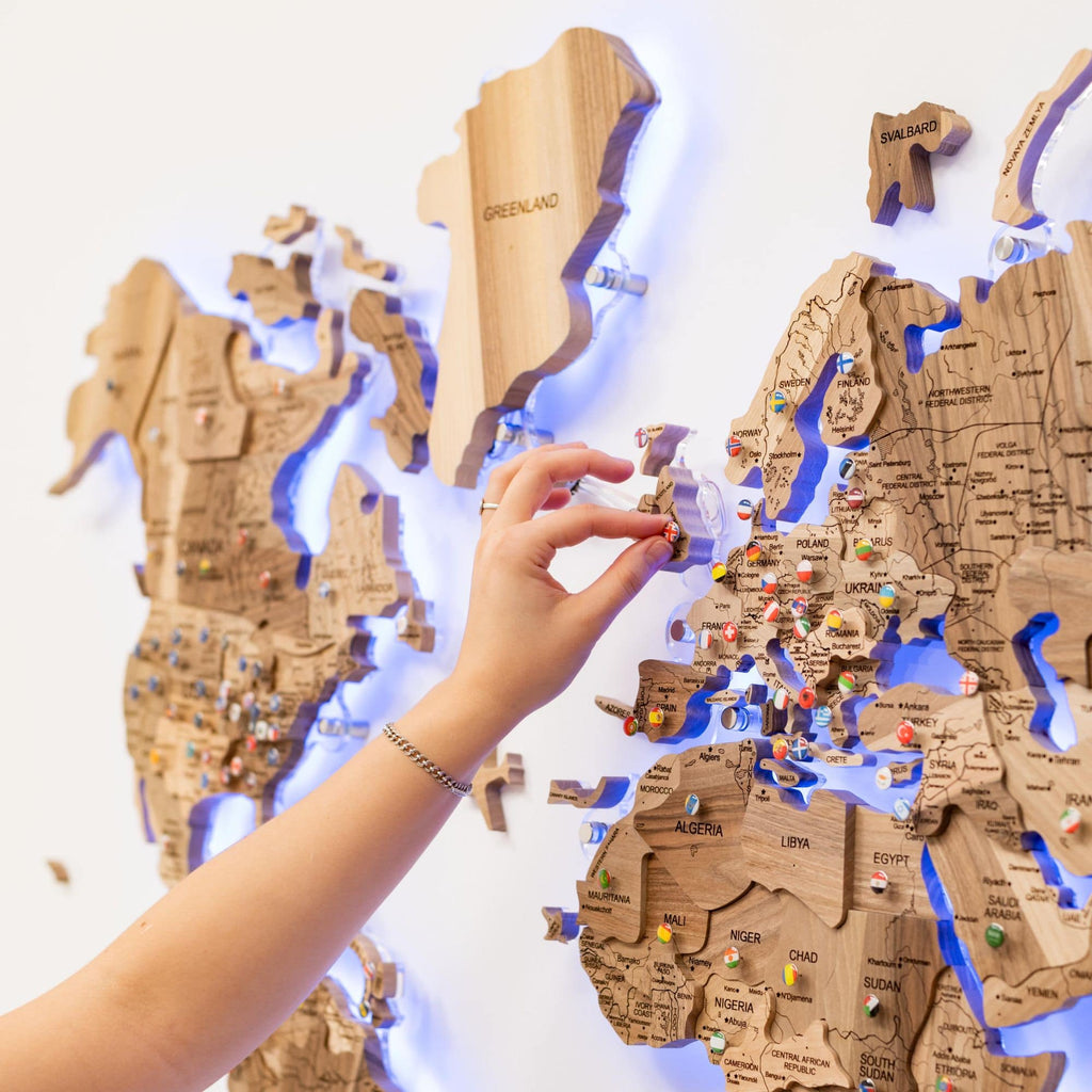 3D Solid Walnut Wooden World Map Modern Wall Art with LED Lighting