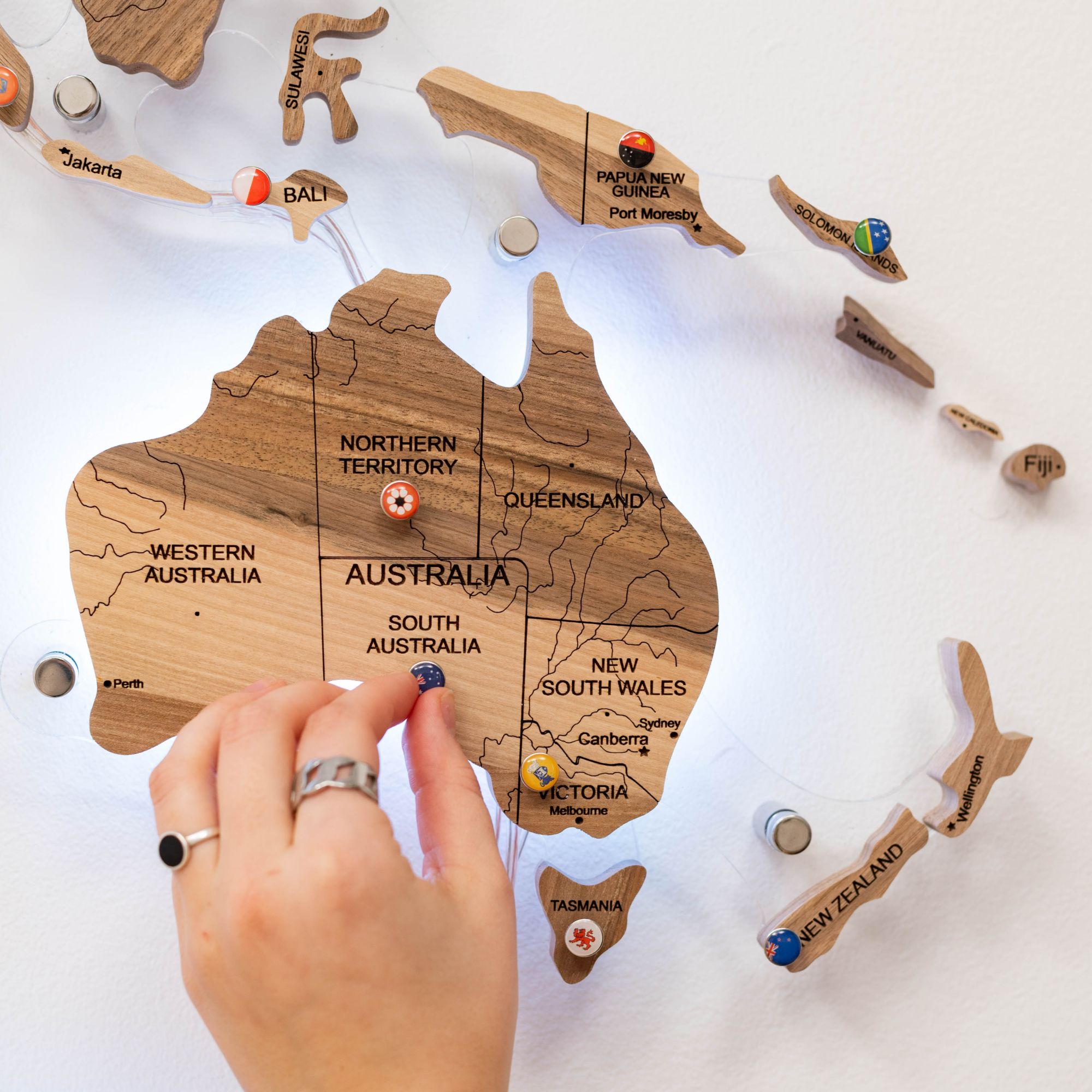 3D Solid Walnut Wooden World Map Modern Wall Art with LED Lighting