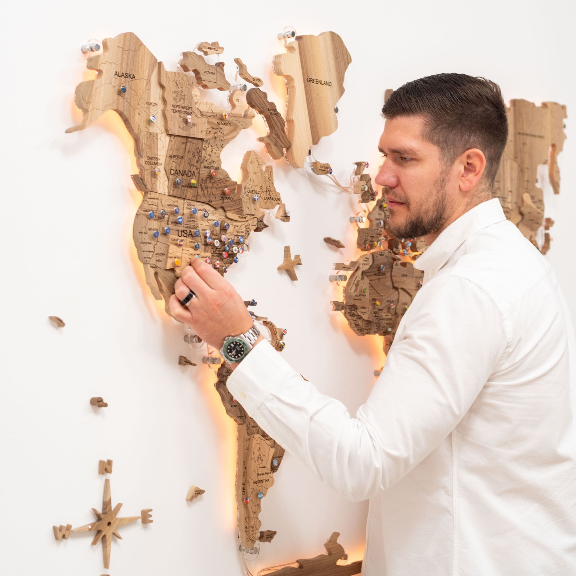 3D Solid Walnut Wooden World Map Modern Wall Art with LED Lighting