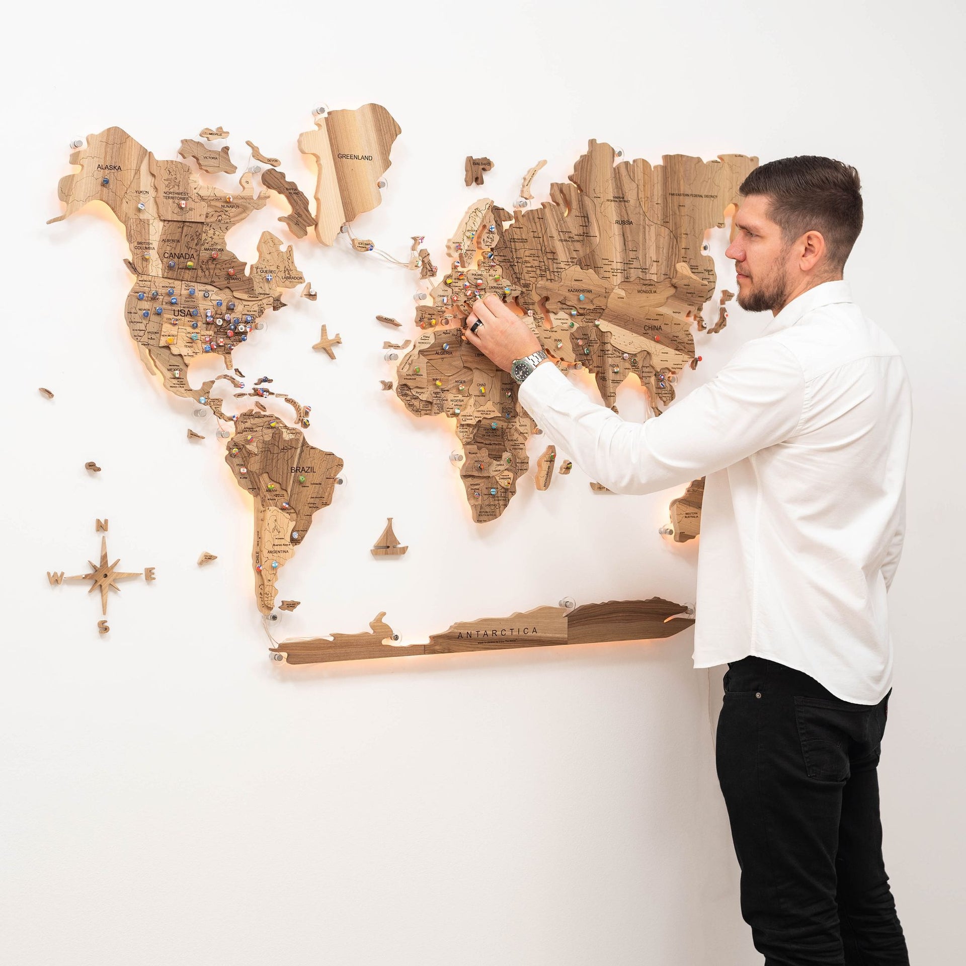 3D Solid Walnut Wooden World Map Modern Wall Art with LED Lighting