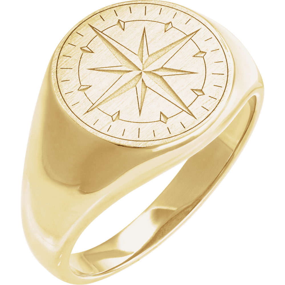Polished 14K gold unisex compass signet ring with intricate nautical engraving