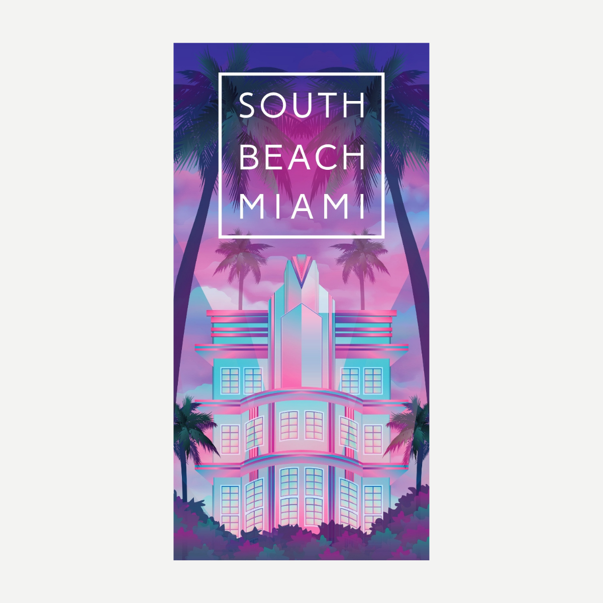 A rectangular beach towel featuring a graphic art deco building in Miami surrounded by palm trees in vibrant pink, teal, and purple hues.