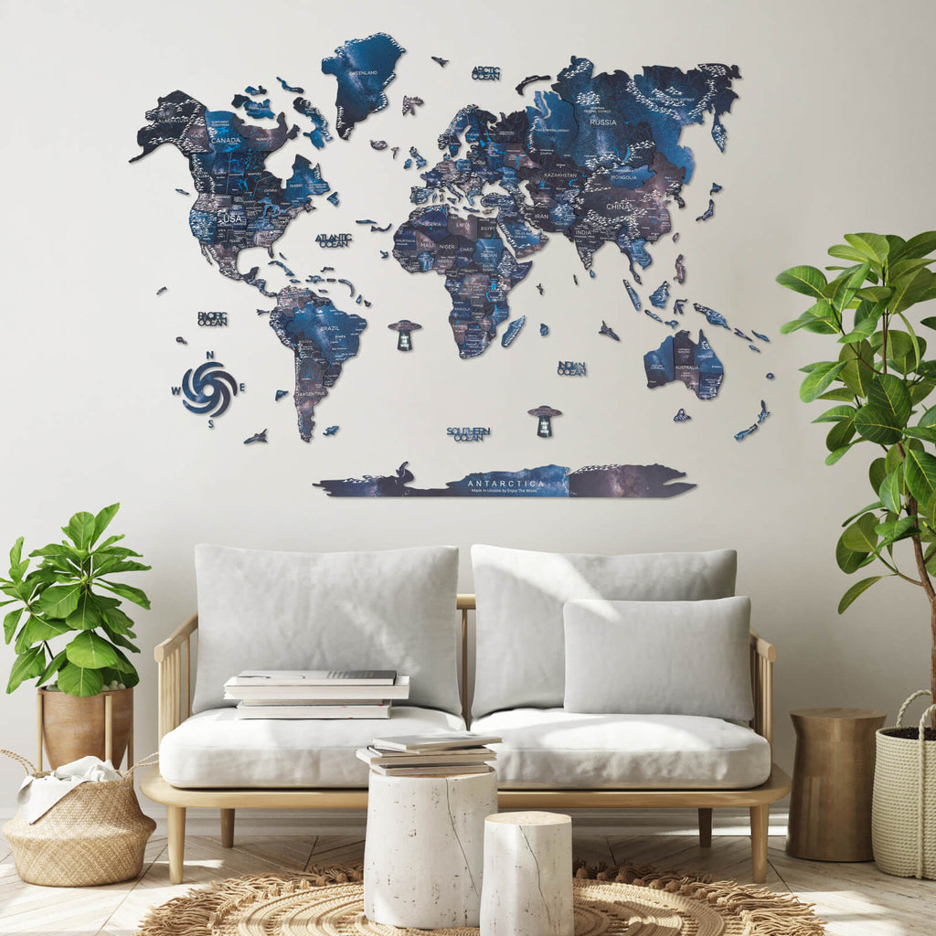 3D Wooden World Map Space: Large Navy Blue Travel Wall Art