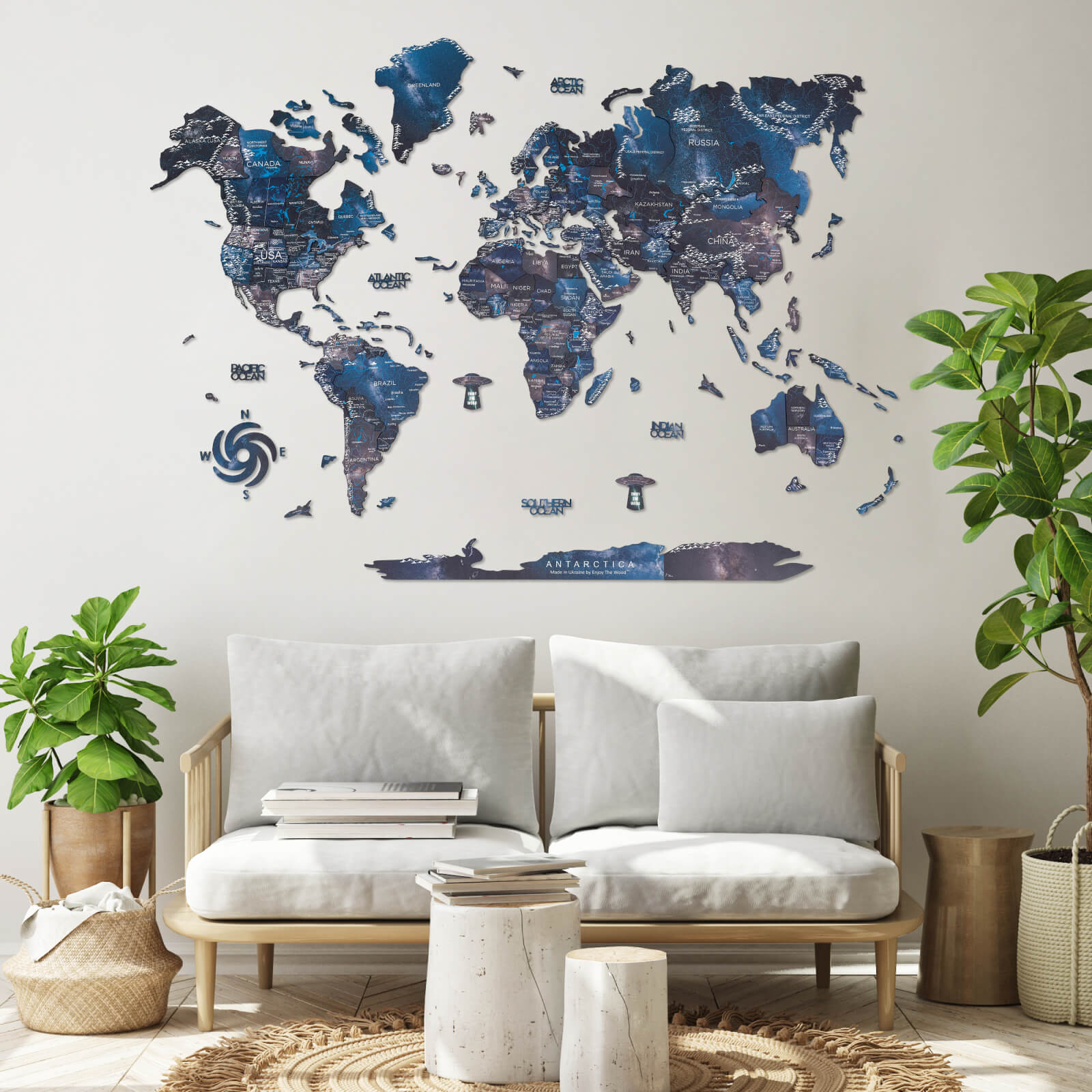 3D Wooden World Map Space: Large Navy Blue Travel Wall Art