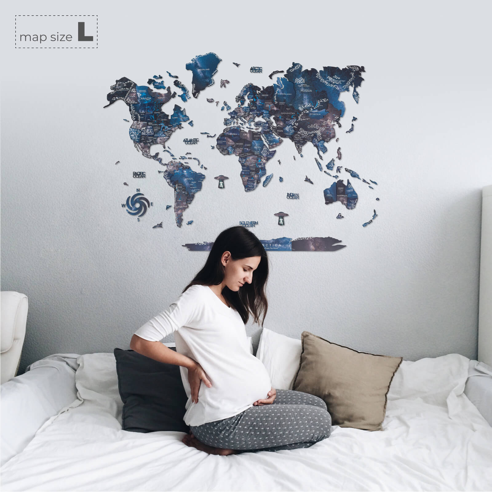3D Wooden World Map Space: Large Navy Blue Travel Wall Art