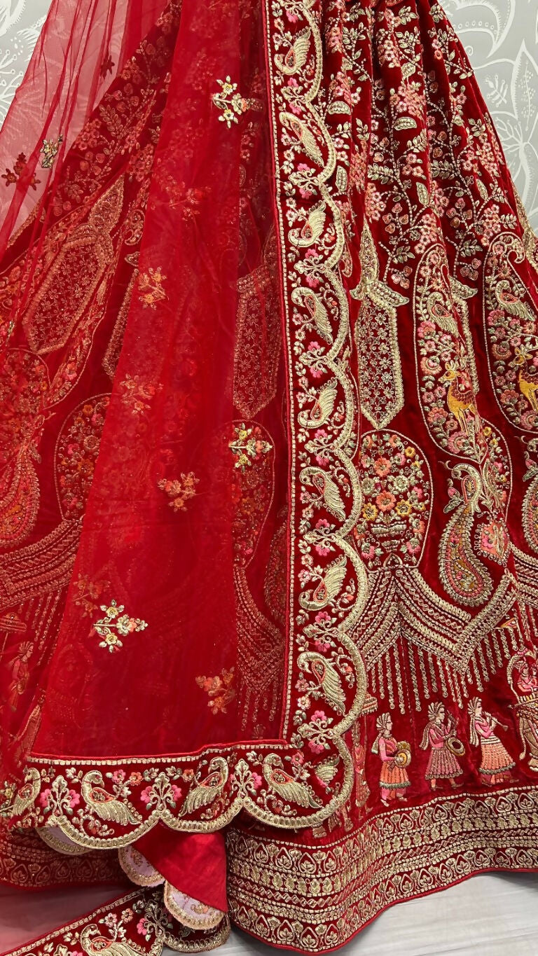 Red Velvet Wedding Lehenga Choli with Multi Thread & Zircon Diamonds