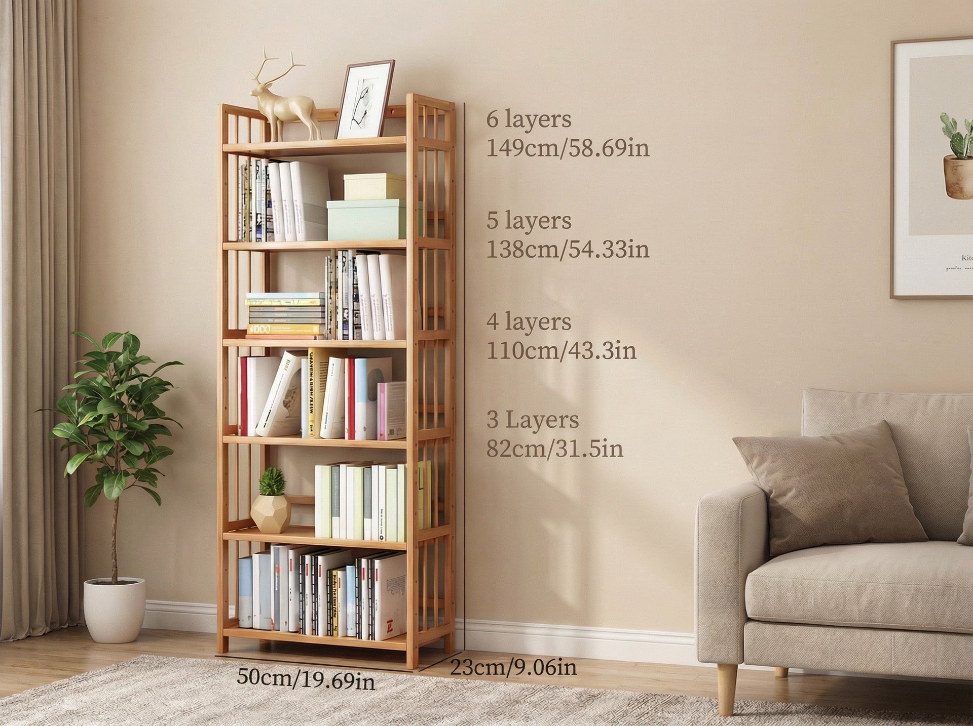 Tall Bamboo Bookshelf, Narrow Scandinavian Freestanding Rack