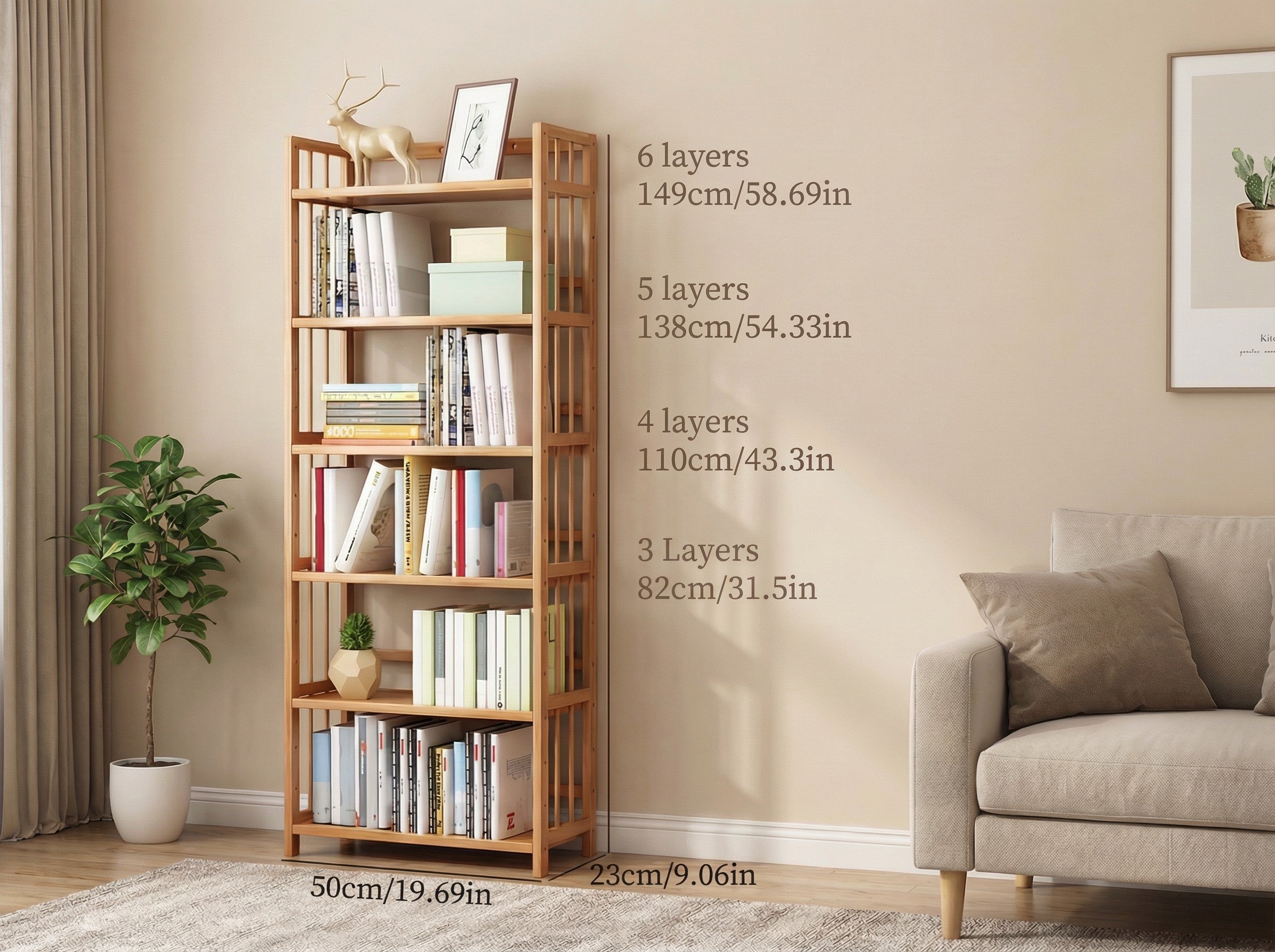 Tall Bamboo Bookshelf, Narrow Scandinavian Freestanding Rack