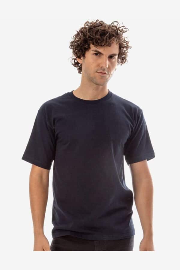 A man wearing a black short sleeve crew neck t-shirt in a studio setting.
