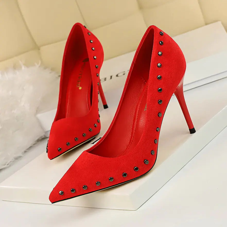 Women's Suede High Heels - Pointed Toe Studs