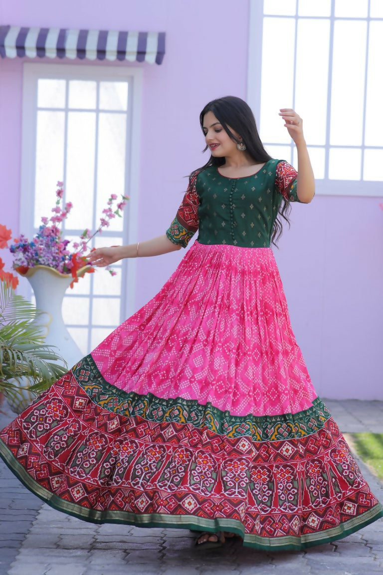 Pink Patola foil print Dola silk Anarkali dress for women