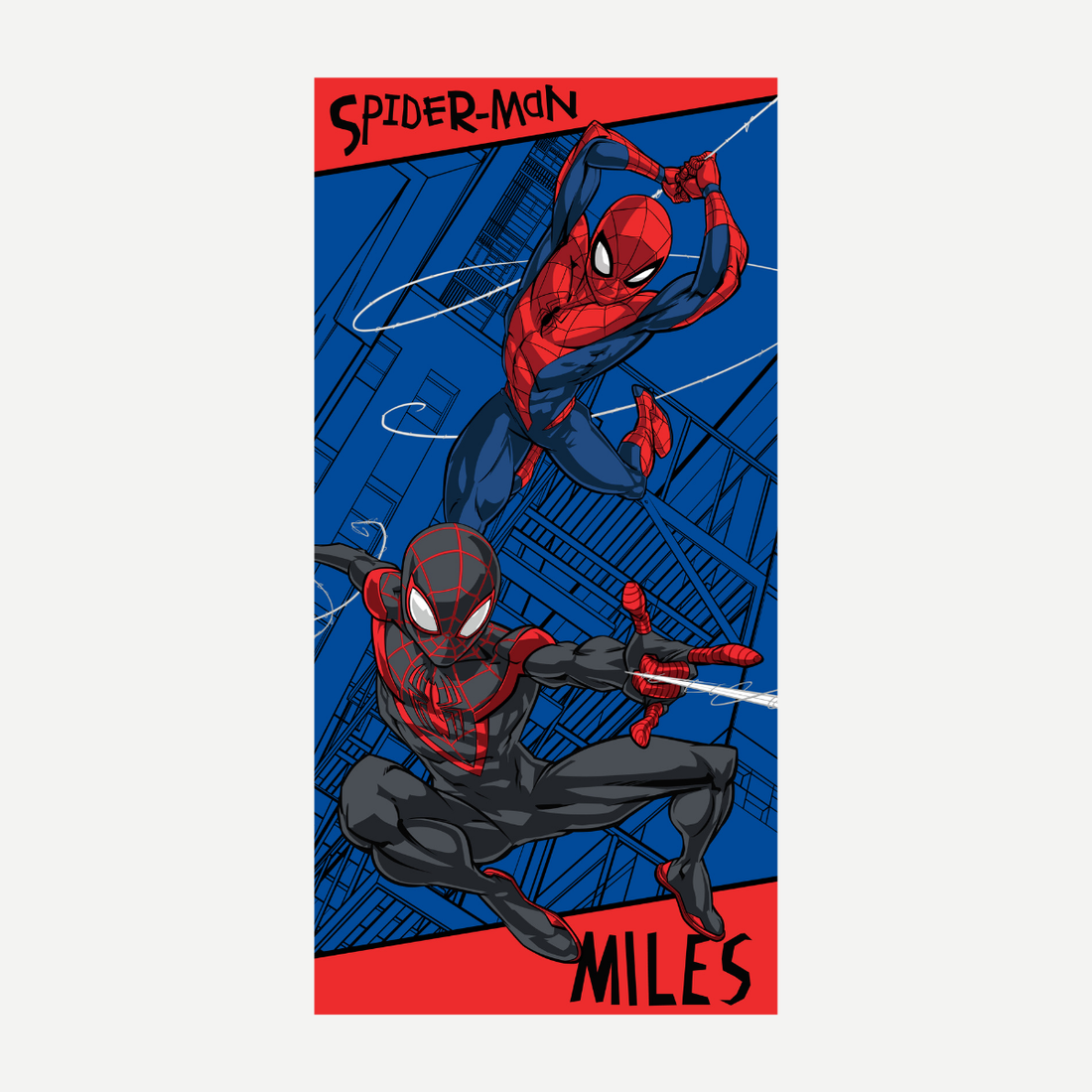A rectangular beach towel featuring Miles Morales and Peter Parker Spider-Man in an action pose against a blue city backdrop.