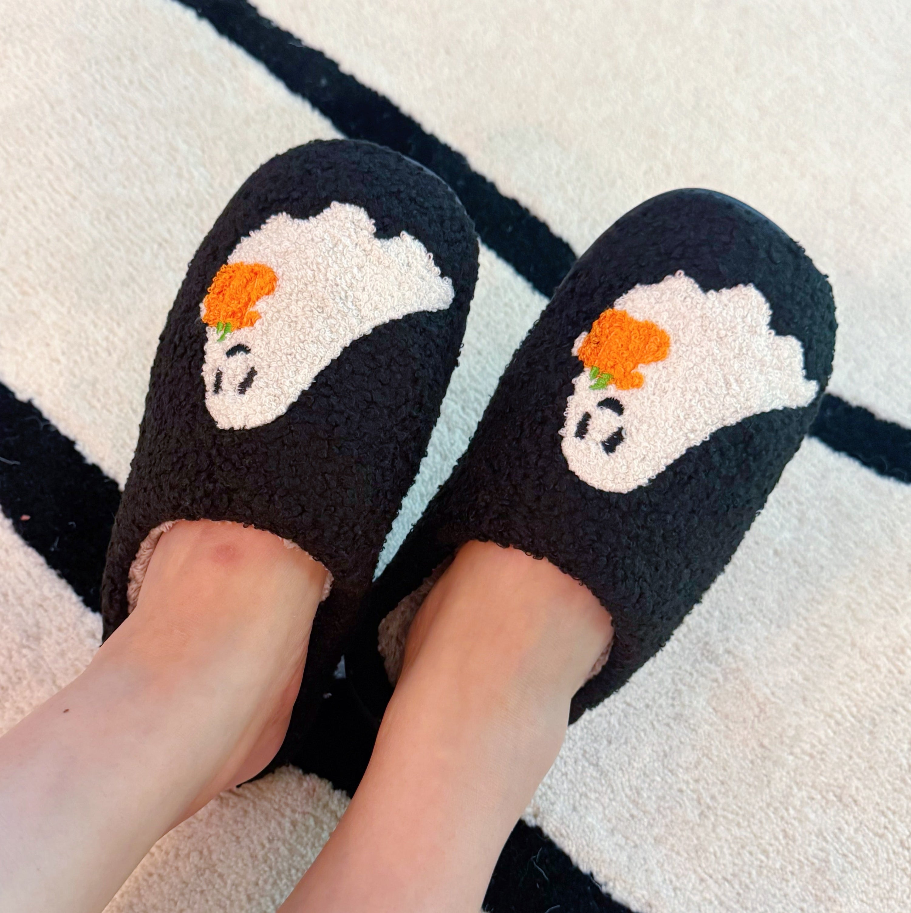 Spooky Ghost Cozy Slippers – Soft Black Slippers with Cute Ghost and Pumpkin Embroidery