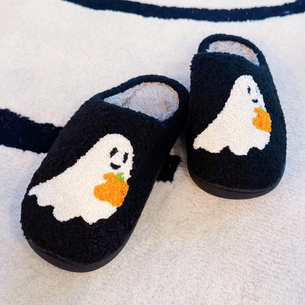 Spooky Ghost Cozy Slippers – Soft Black Slippers with Cute Ghost and Pumpkin Embroidery
