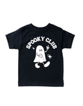 Close up of Spooky Club graphic tee in black cotton